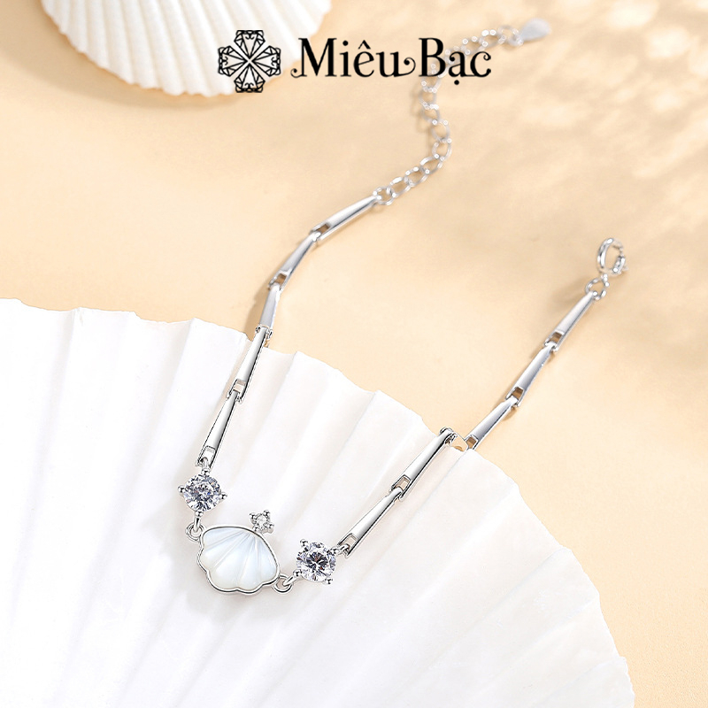 Lắc tay bạc nữ Miêu bạc vòng tay vỏ sò đá mặt trăng moonstone chất liệu bạc 925 xi kim màu trắng xám L000146x