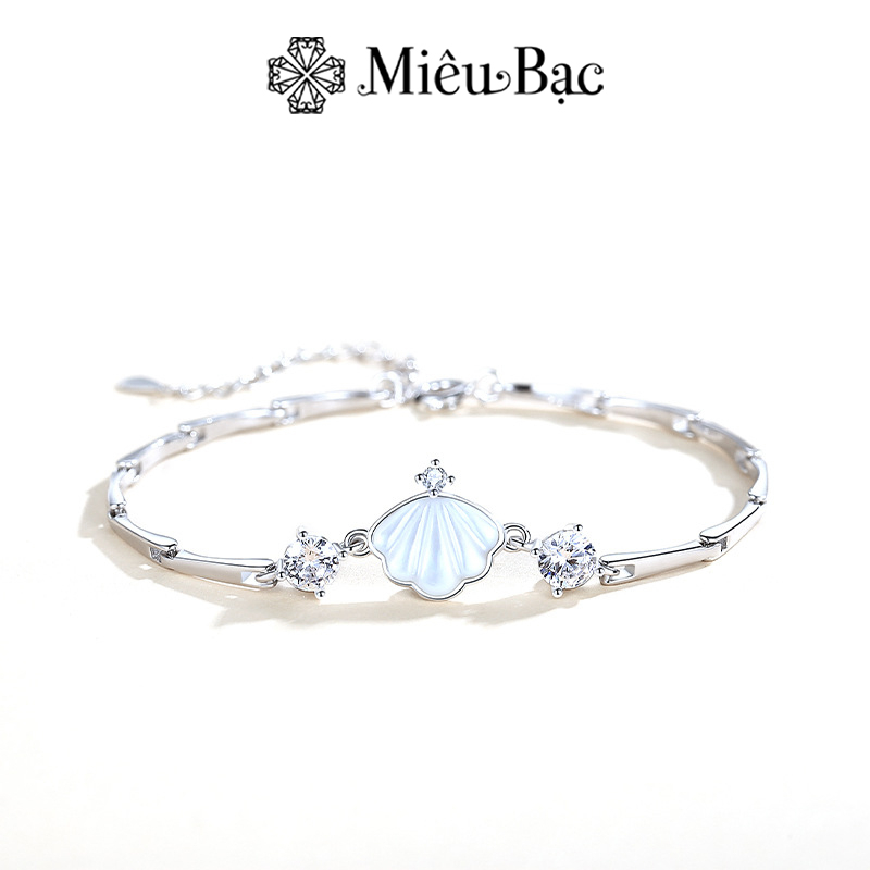 Lắc tay bạc nữ Miêu bạc vòng tay vỏ sò đá mặt trăng moonstone chất liệu bạc 925 xi kim màu trắng xám L000146x