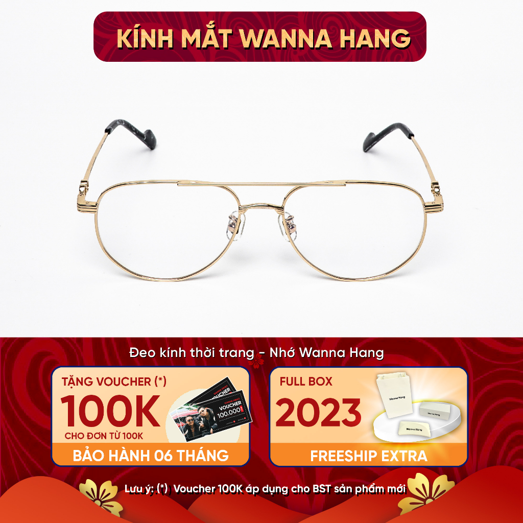 Gọng kính nam nữ đẹp kim loại dáng aviator hot trend 2022 Hàn Quốc chống tia UV cao cấp Wanna Hang WHGM146