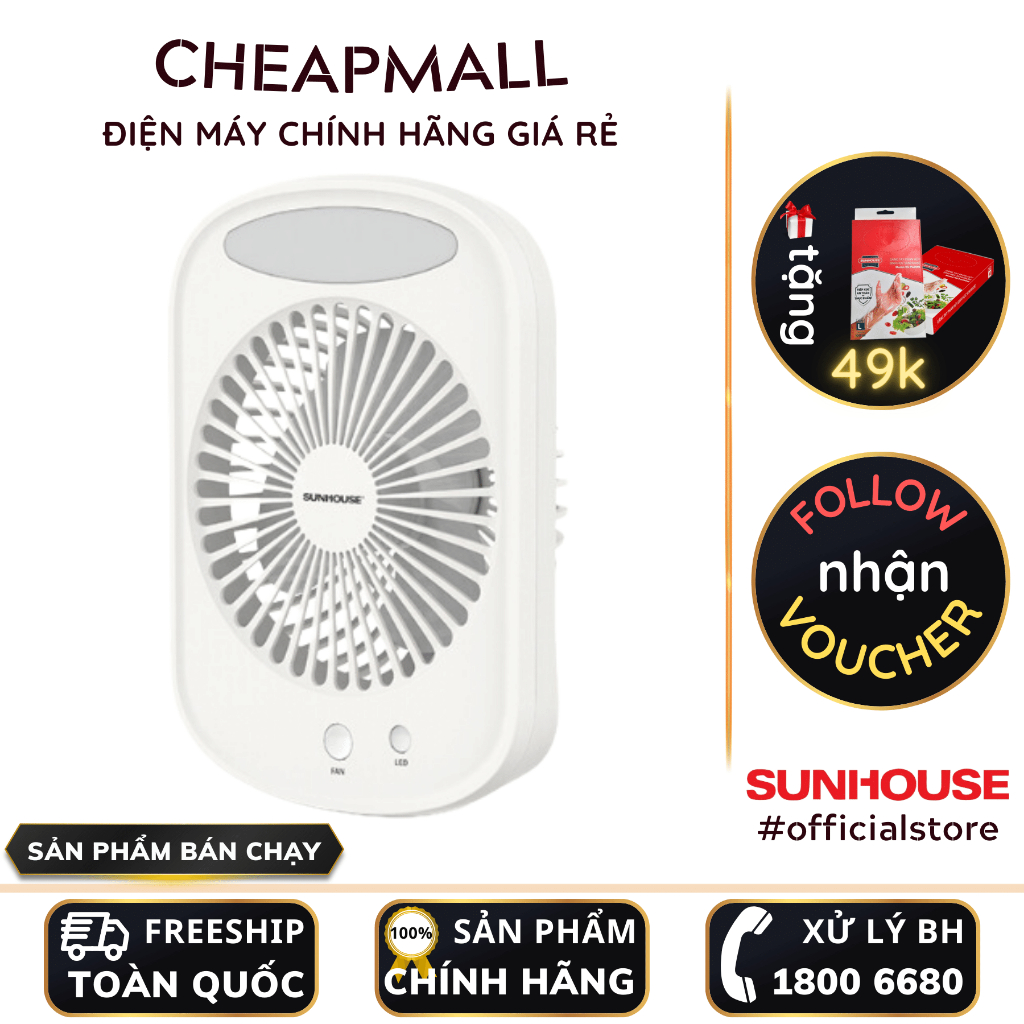Quạt sạc tích điện 3 cấp độ gió mini để bàn tích hợp đèn ngủ Sunhouse SHD7110 chính hãng bảo hành Toàn Quốc- CheapMall