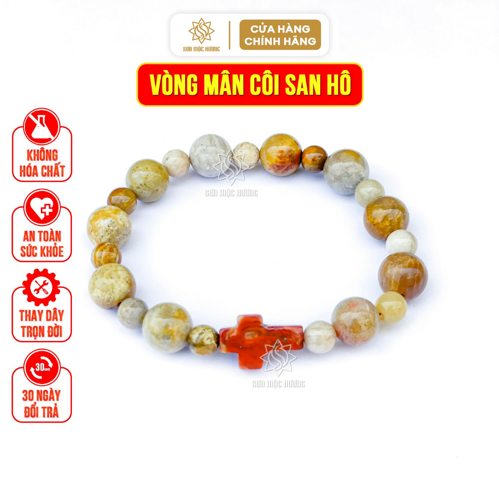 Vòng mân côi công giáo đá san hô đeo tay thánh giá nam nữ Sơn Mộc Hương