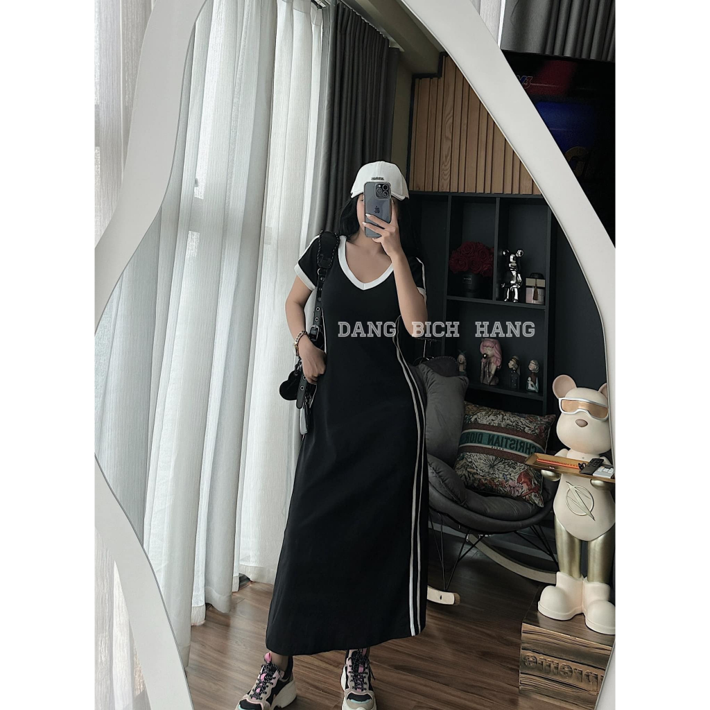 Váy zip cổ tim sọc viền pha màu dáng dài hót (kèm ảnh thật)