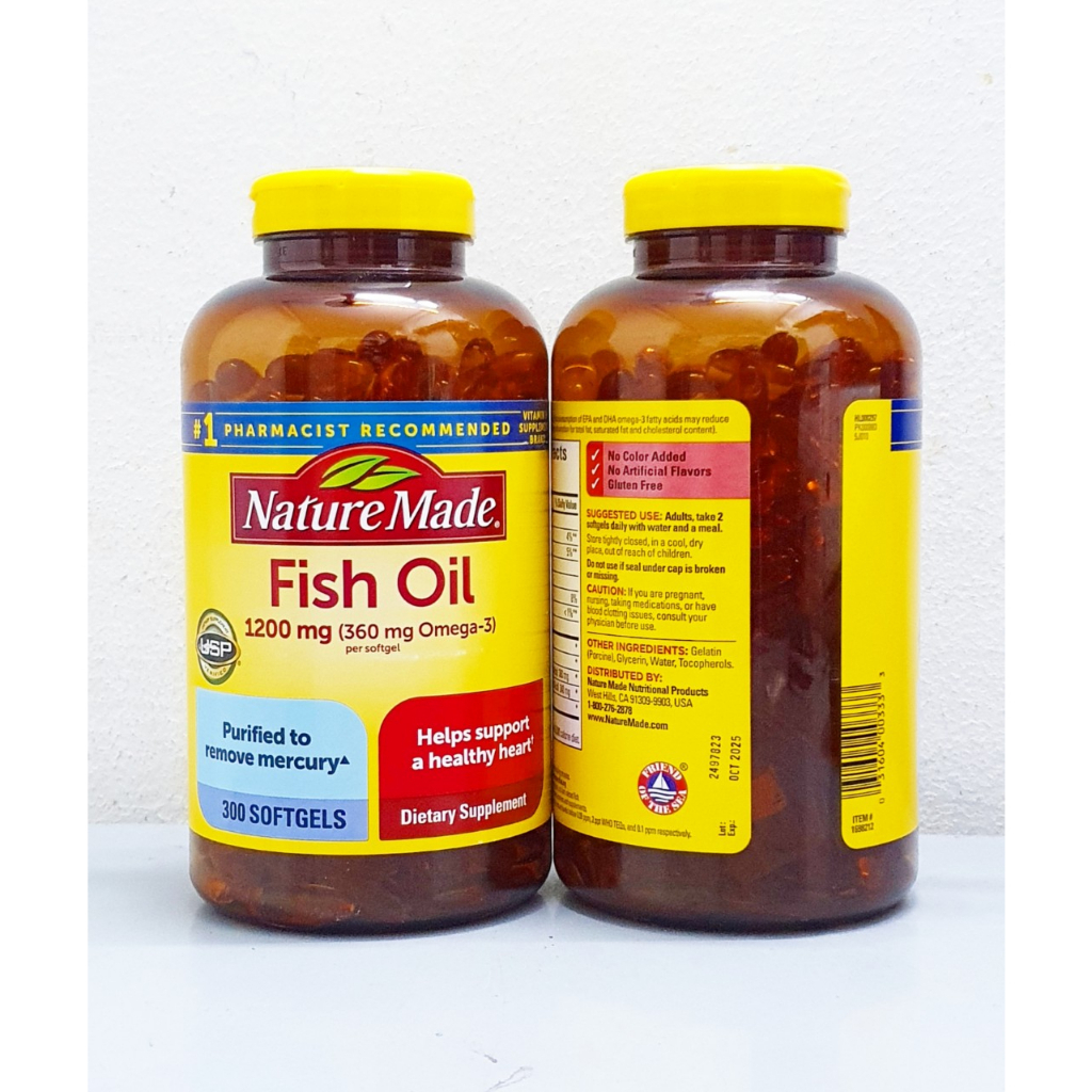 [Mẫu mới] Viên uống Dầu cá Nature Made Fish Oil 1200 mg 360 mg OMEGA 3 chai 300 viên từ Mỹ