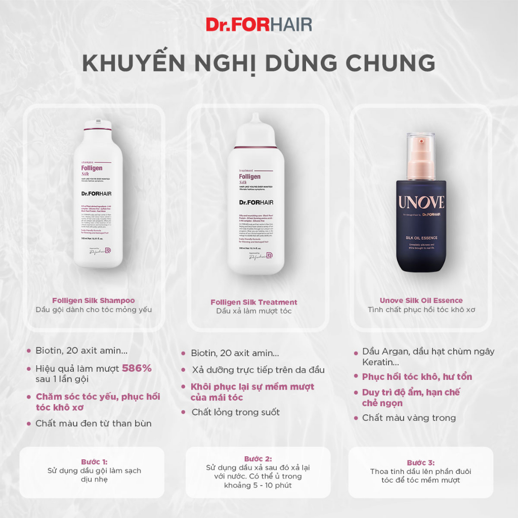 Bộ gội xả dành cho tóc mỏng và hư tổn không chứa silicon Dr. FORHAIR FOLLIGEN SILK SHAMPOO  x FOLLIGEN TREATMENT 600ml