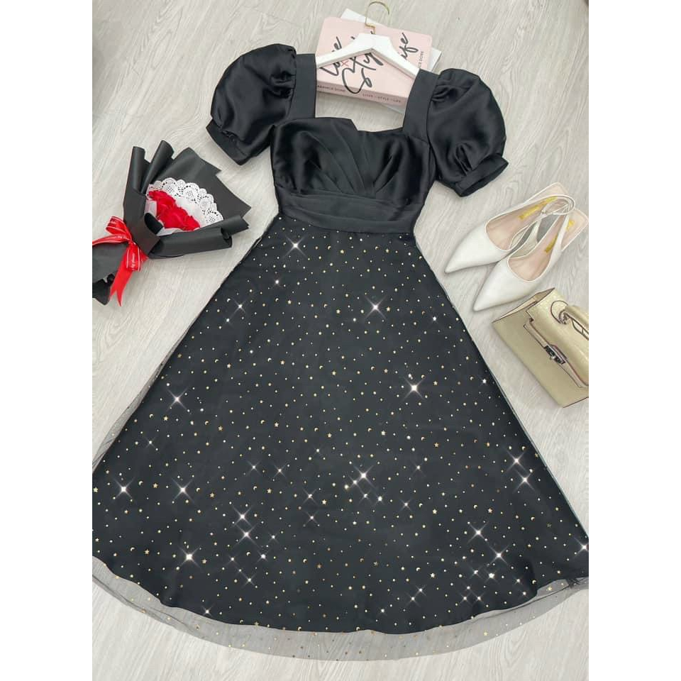 Đầm xòe dự tiệctay phồng cổ vuông xếp ly ngực phối lưới kim tuyến có mút ngực chất dày dặn thời trang nữ VESTA