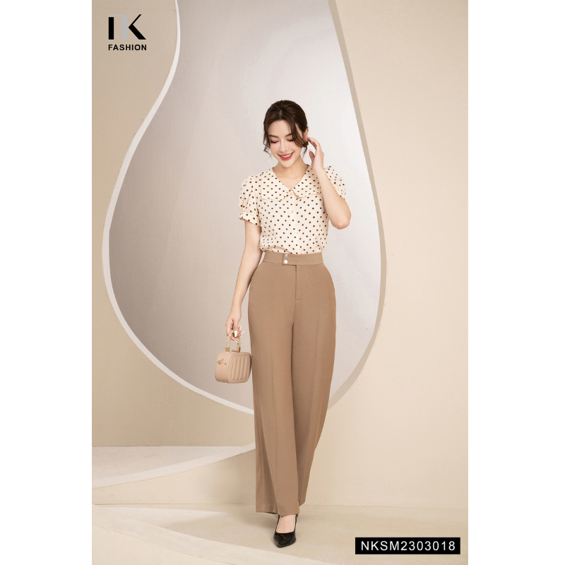 Áo Sơ Mi Nữ NK Fashion Thiết Kế Tay Ngắn Họa Tiết Chấm Bi Cổ Cách Điệu Chất Vải Mềm Mịn Thoáng Mát NKSM2303018