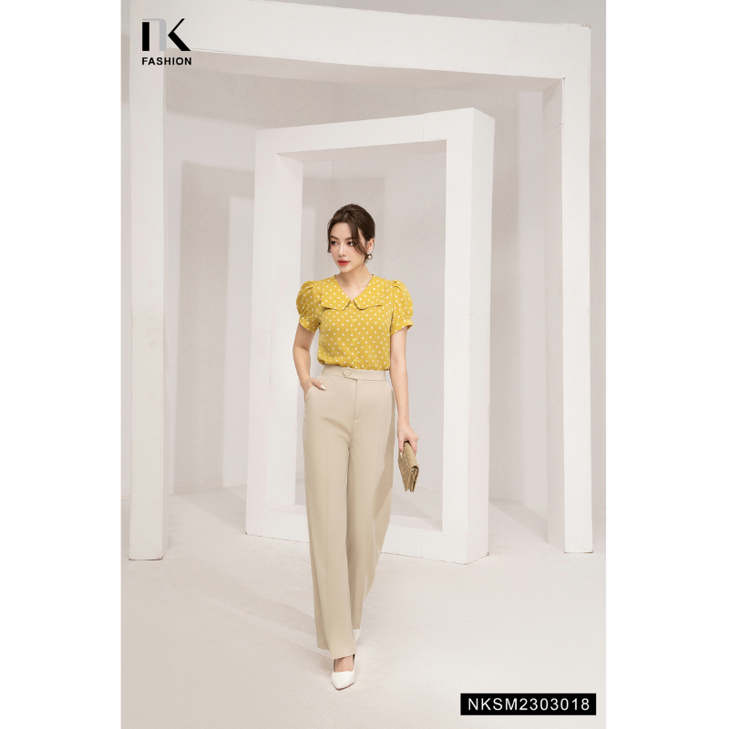 Áo Sơ Mi Nữ NK Fashion Thiết Kế Tay Ngắn Họa Tiết Chấm Bi Cổ Cách Điệu Chất Vải Mềm Mịn Thoáng Mát NKSM2303018