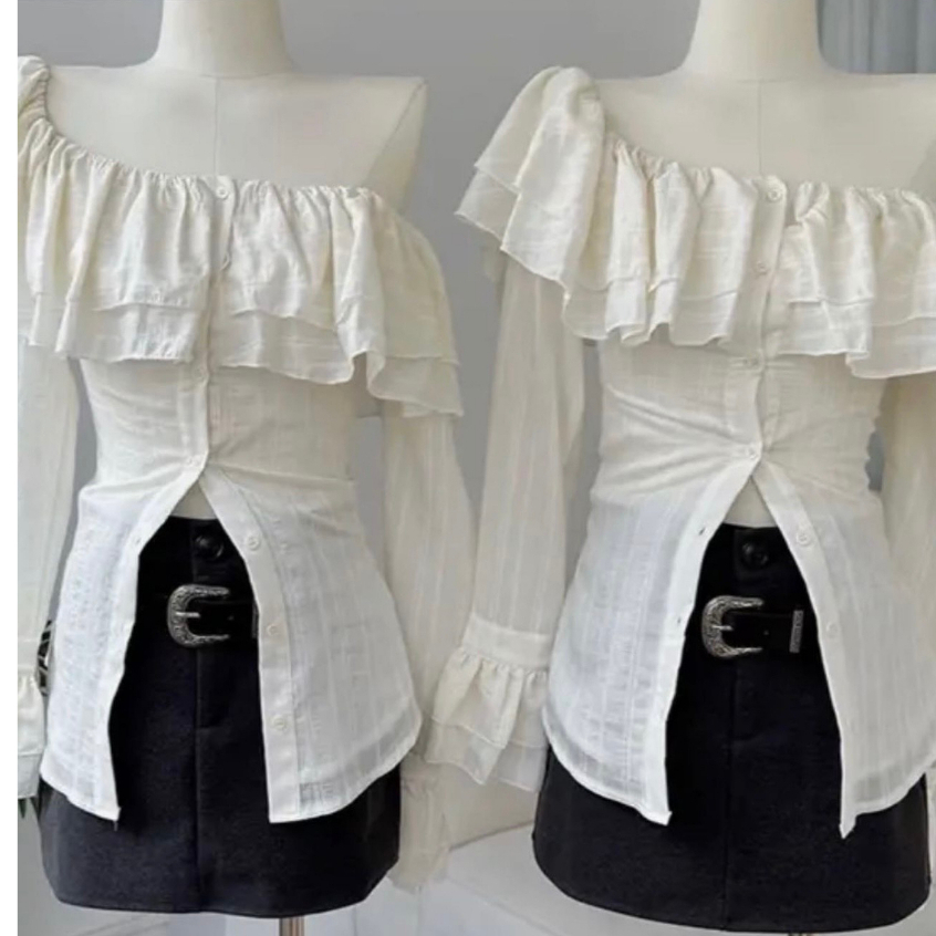 Áo sơ mi trễ vai phối bèo tay dài , Áo Sơmi Kiểu Nữ Dài Tay Trễ Vai Siêu nữ tính