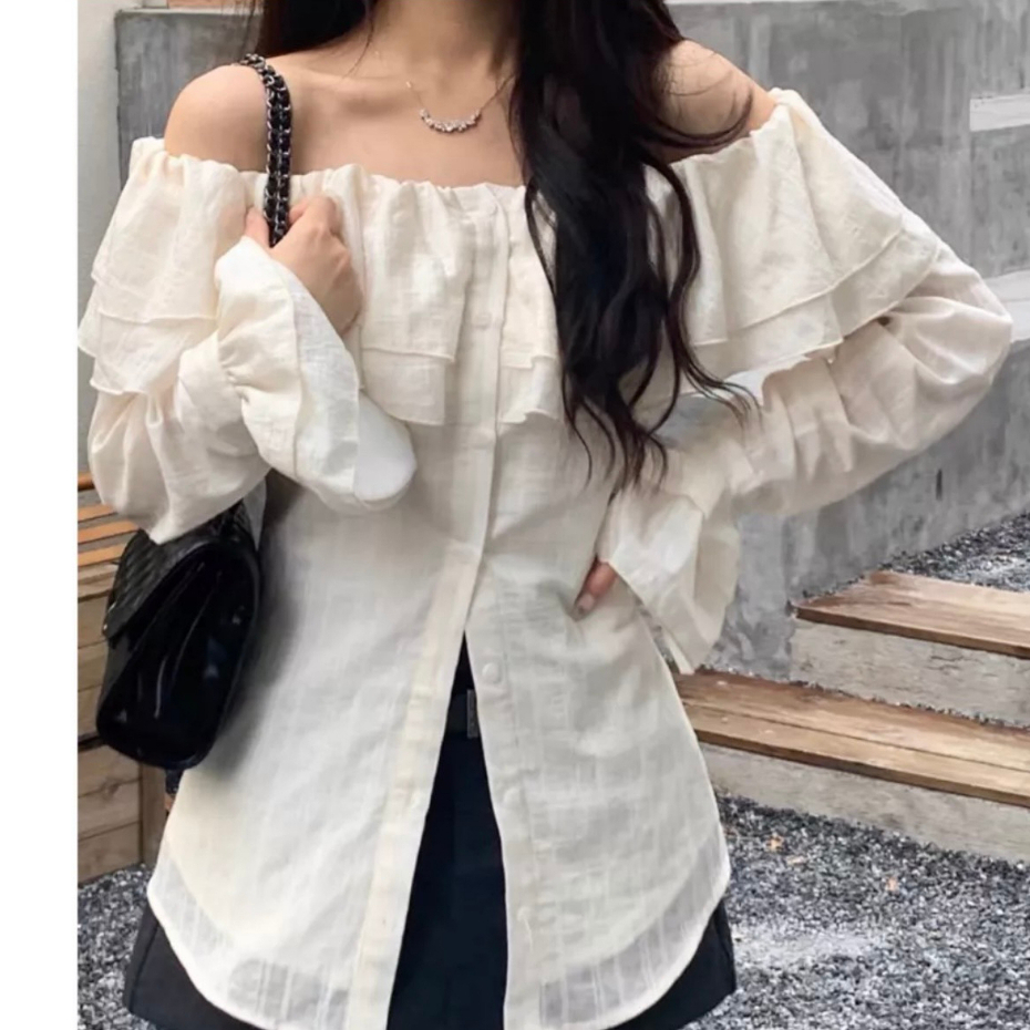 Áo sơ mi trễ vai phối bèo tay dài , Áo Sơmi Kiểu Nữ Dài Tay Trễ Vai Siêu nữ tính