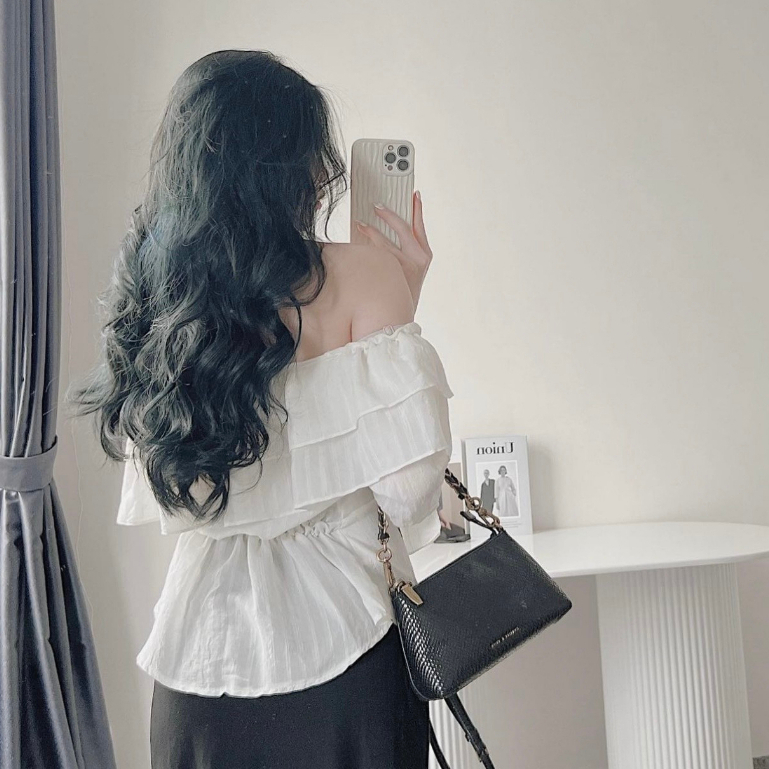 Áo sơ mi trễ vai phối bèo tay dài , Áo Sơmi Kiểu Nữ Dài Tay Trễ Vai Siêu nữ tính