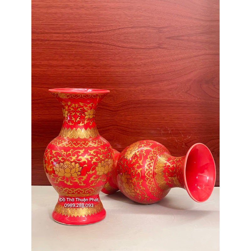 Bộ đồ thờ thần tài, gia tiên màu đỏ gấm, bát hương sứ màu đỏ
