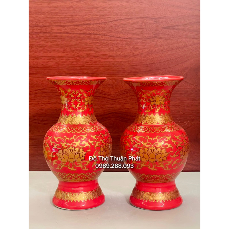 Bộ đồ thờ thần tài, gia tiên màu đỏ gấm, bát hương sứ màu đỏ