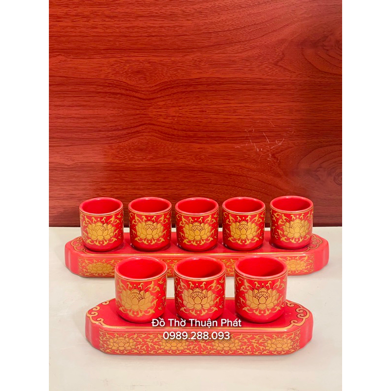 Bộ đồ thờ thần tài, gia tiên màu đỏ gấm, bát hương sứ màu đỏ