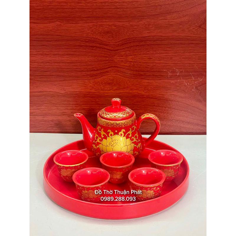 Bộ đồ thờ thần tài, gia tiên màu đỏ gấm, bát hương sứ màu đỏ