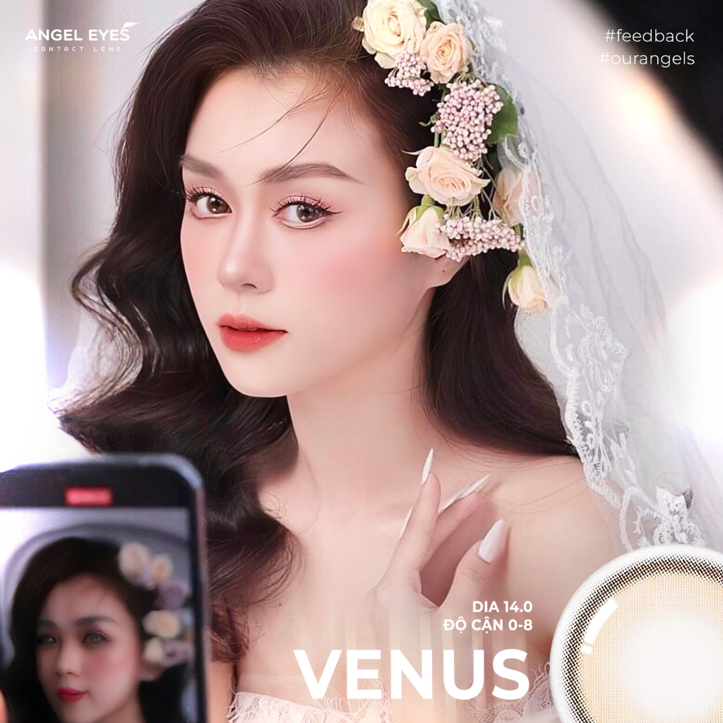 Lens nâu tây có độ cận 0-6 Venus hiệu Angel Eyes chất liệu Silicone Hydrogel đường kính áp tròng 14.0mm