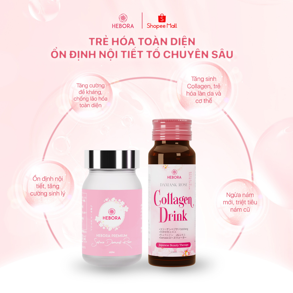 Combo 3 hộp Nước uống Hebora Collagen Drink 50ml và 1 hộp viên uống Hebora Premium Sakura Damask Rose