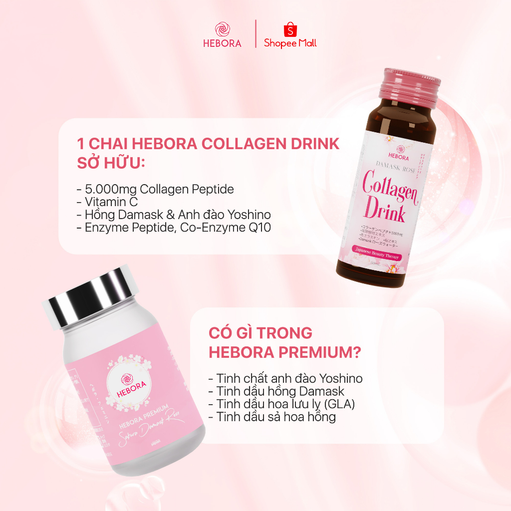 Combo 3 hộp Nước uống Hebora Collagen Drink 50ml và 1 hộp viên uống Hebora Premium Sakura Damask Rose