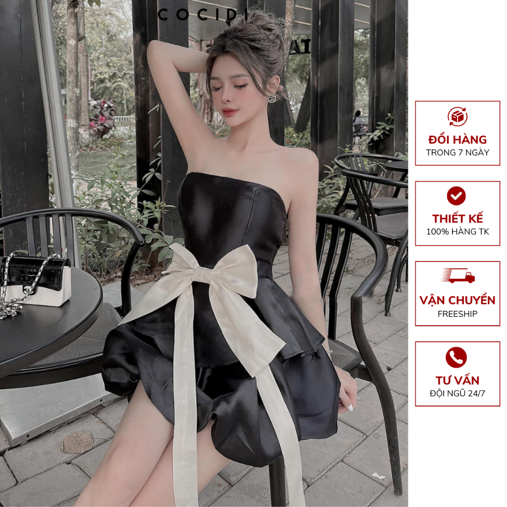 Đầm dự tiệc chất liệu Tafta màu TRẮNG/ĐEN, Váy thiết kế cúp ngực chân váy bí gắn nơ dễ thương phù hợp đi chơi COCIDI