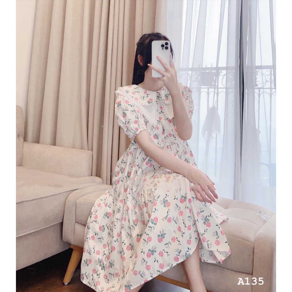 Váy bầu dự tiệc họa tiết hoa lá sang chảnh thiết kế tay bồng cổ tròn phối ren chất thô hoa đẹp mát V382