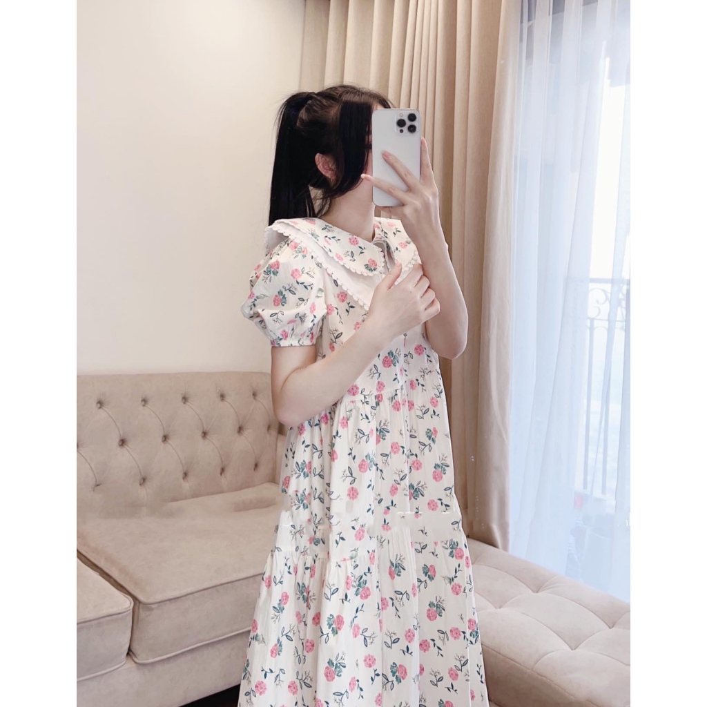 Váy bầu dự tiệc họa tiết hoa lá sang chảnh thiết kế tay bồng cổ tròn phối ren chất thô hoa đẹp mát V382