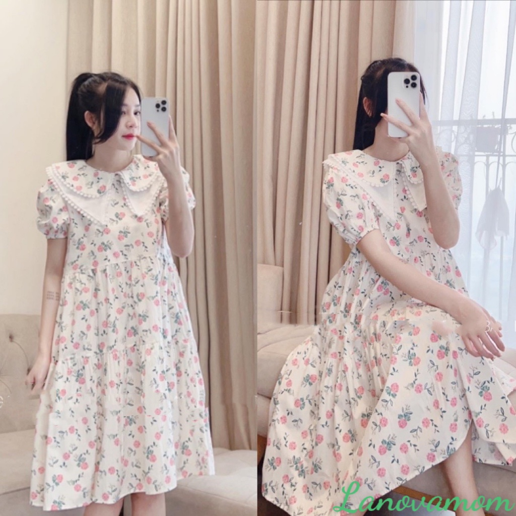 Váy bầu dự tiệc họa tiết hoa lá sang chảnh thiết kế tay bồng cổ tròn phối ren chất thô hoa đẹp mát V382