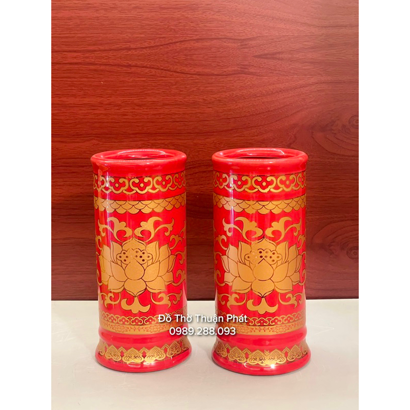 Bộ đồ thờ thần tài, gia tiên màu đỏ gấm, bát hương sứ màu đỏ