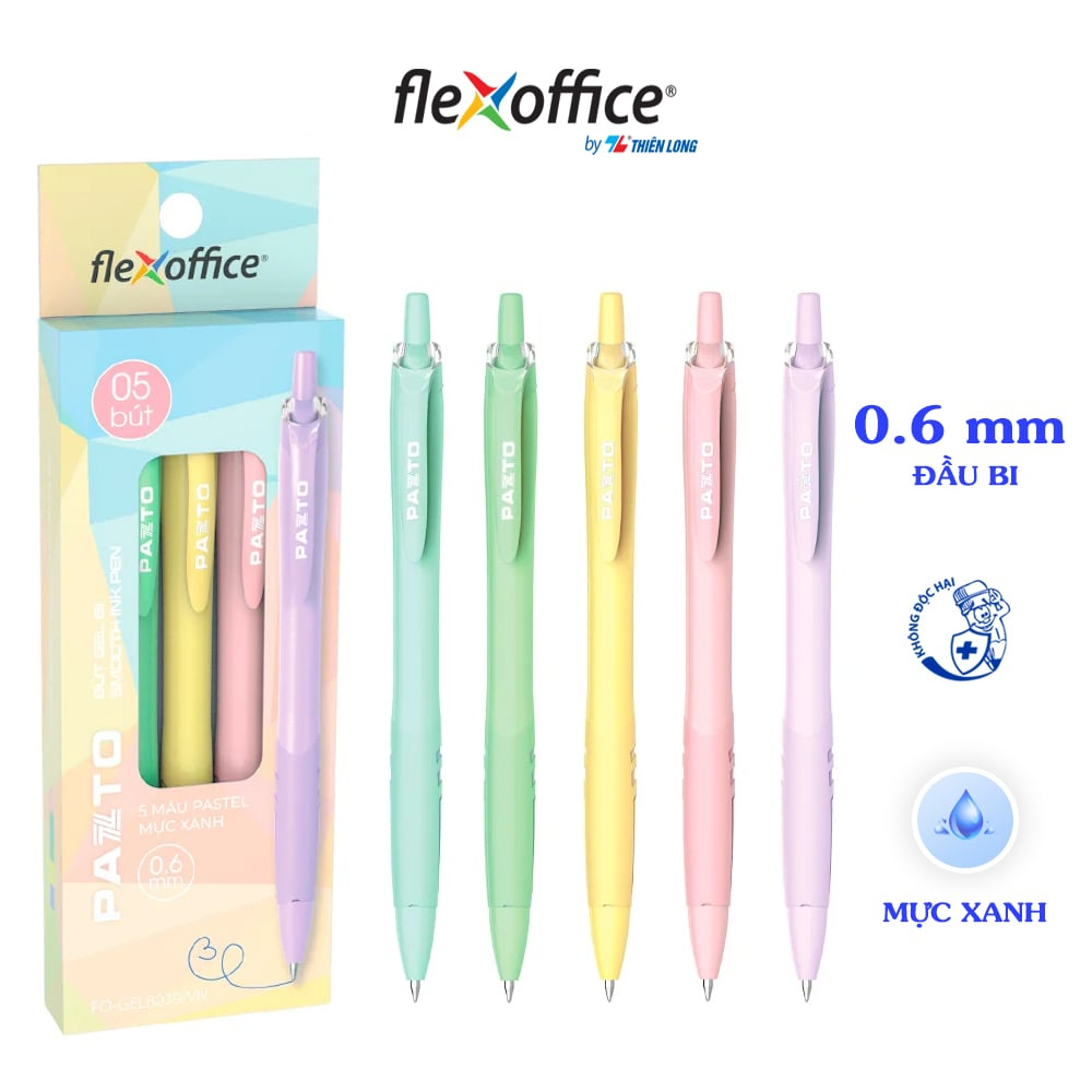 [Có Quà Tặng Kèm]Bút gel B màu Pastel Thiên Long Flexoffice Pazto FO-GELB039/VN - Mực xanh (5 cây), quà tặng sinh nhật