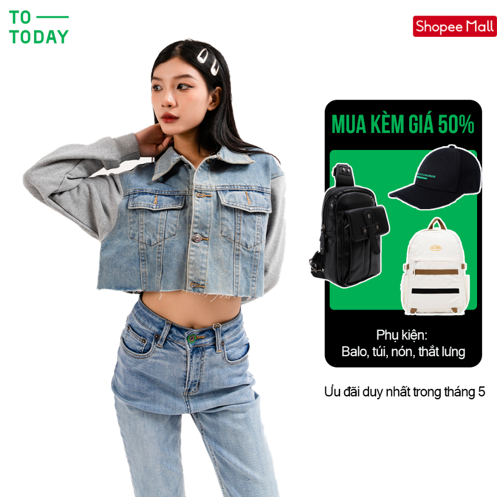 Áo khoác jean nữ DENIM & FRENCH TERRY - TOTODAY - Áo khoác jean form croptop phối vải da cá - W1AKJ04301