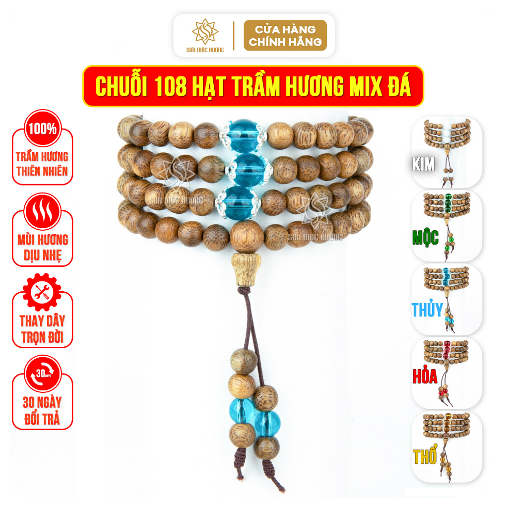 Vòng tay chuỗi 108 hạt phong thủy trầm hương mix đá màu bế bạc mệnh kim mộc thủy hỏa thổ Sơn Mộc Hương may mắn tài lộc