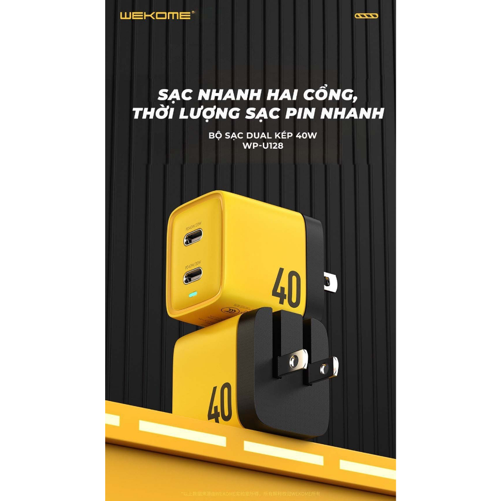 Cốc sạc nhanh WEKOME WP-U128 hỗ trợ 2 cổng USB-C công suất 40W