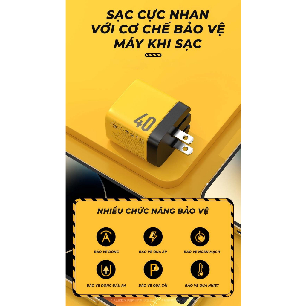 Cốc sạc nhanh WEKOME WP-U128 hỗ trợ 2 cổng USB-C công suất 40W