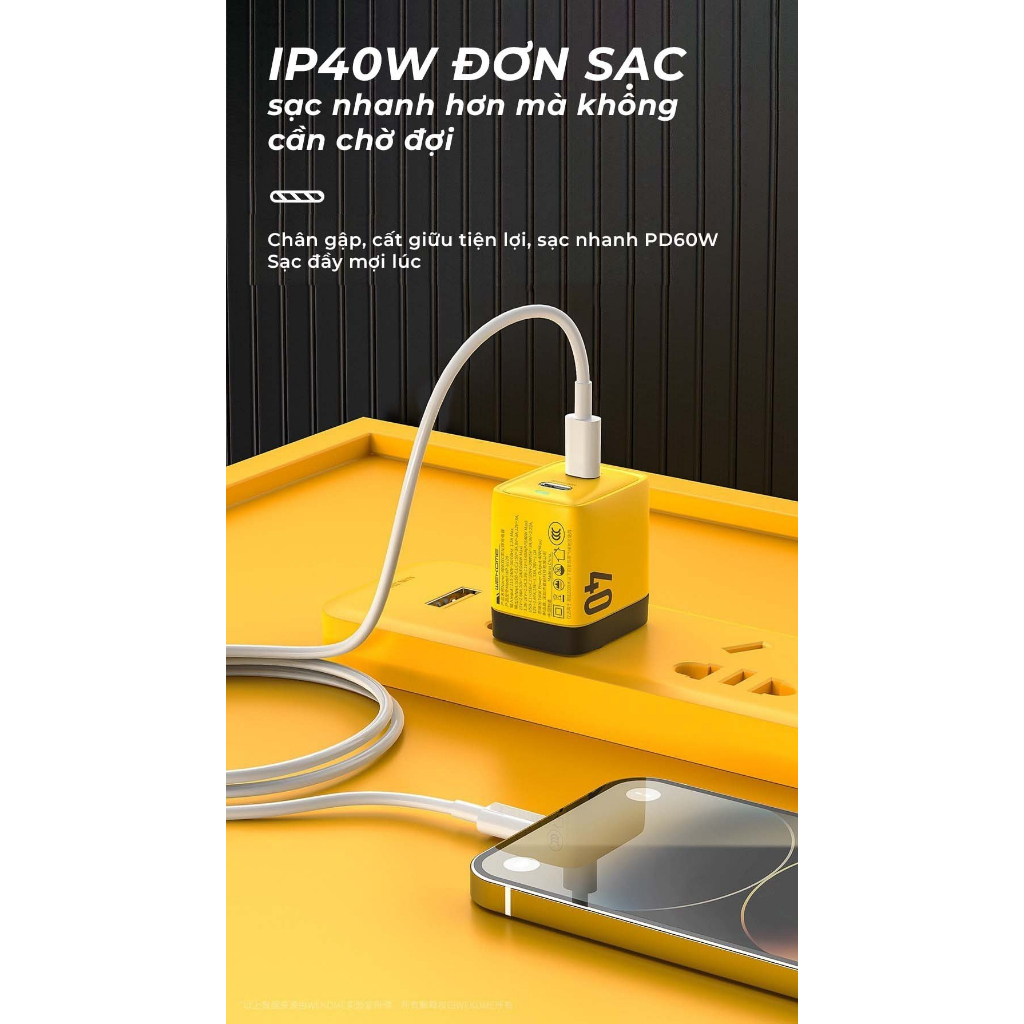 Cốc sạc nhanh WEKOME WP-U128 hỗ trợ 2 cổng USB-C công suất 40W