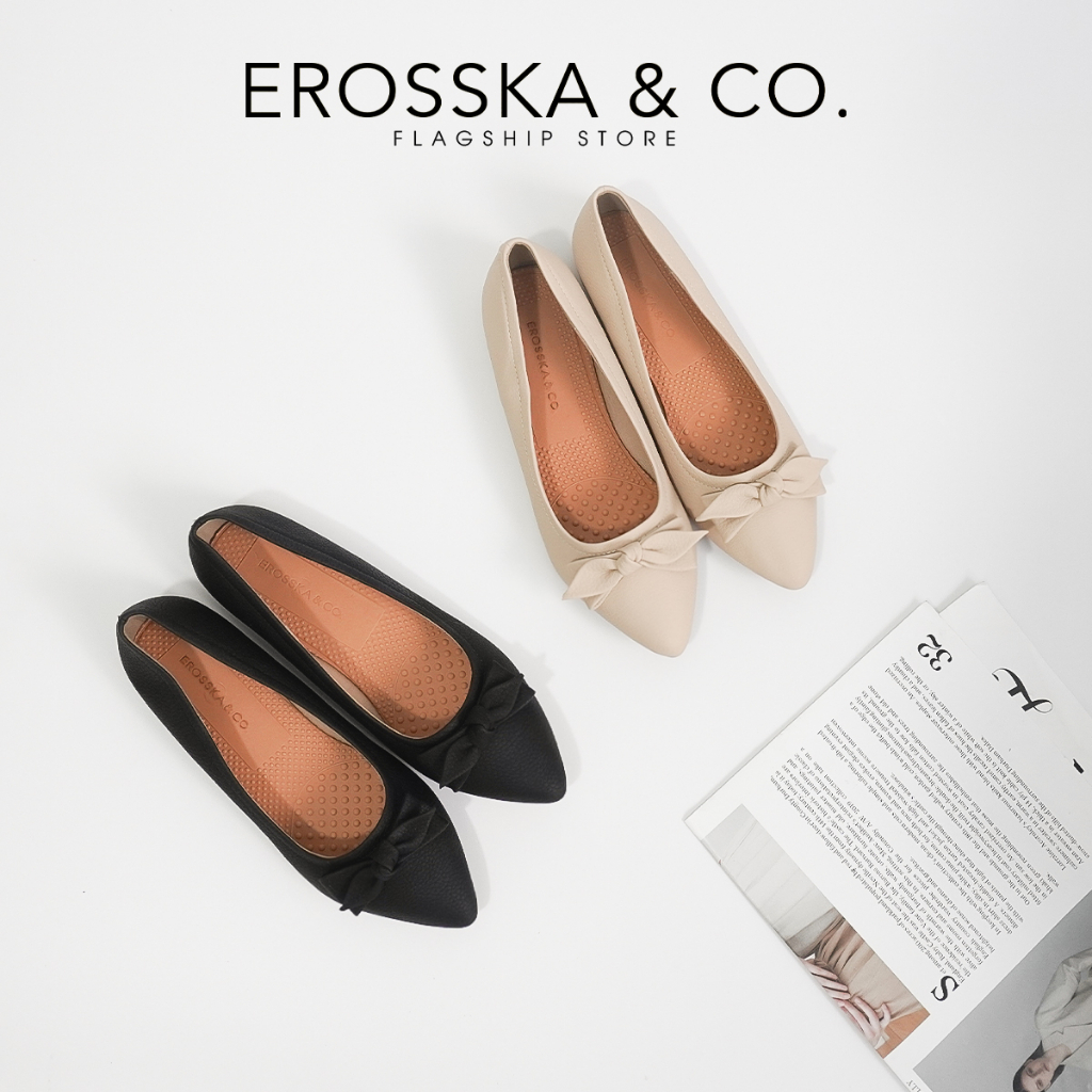 Giày Búp Bê Bệt Erosska siêu êm đính nơ xinh xắn màu đen _ Ver 02 _ EF016 _ [Form nhỏ tăng 1 size]
