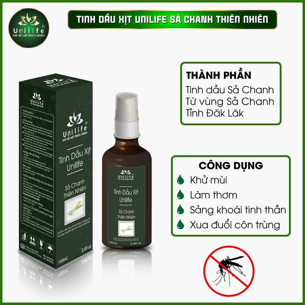 Tinh dầu thiên nhiên khử mùi cao cấp UNILIFE chai dạng xịt 100ml Quế thơm, Sả Chanh.