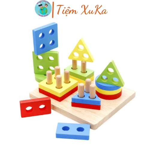 Bộ thả hình khối 4 cọc trụ bằng gỗ, đồ chơi trí tuệ cho bé học hình khối, học màu sắc