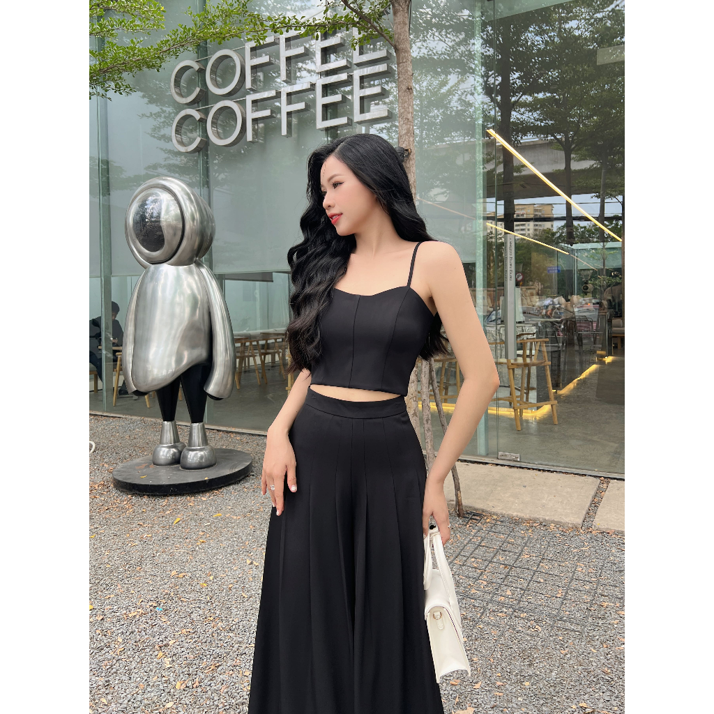 Set áo croptop phối quần dài dáng váy hàng thiết kế màu đen