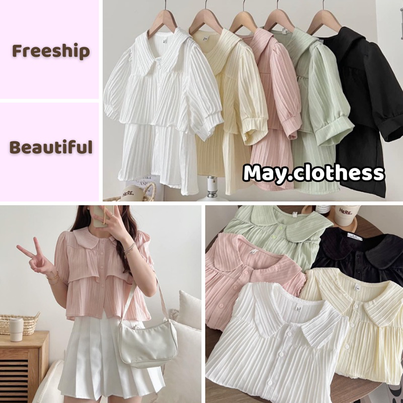 Áo sơ mi croptop, Áo sơ mi croptop cổ sen dáng lửng xếp tầng vải gân màu pastel xinh xắn