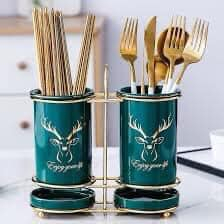 Ống cắm đũa sứ xanh đôi khung thép mạ vàng