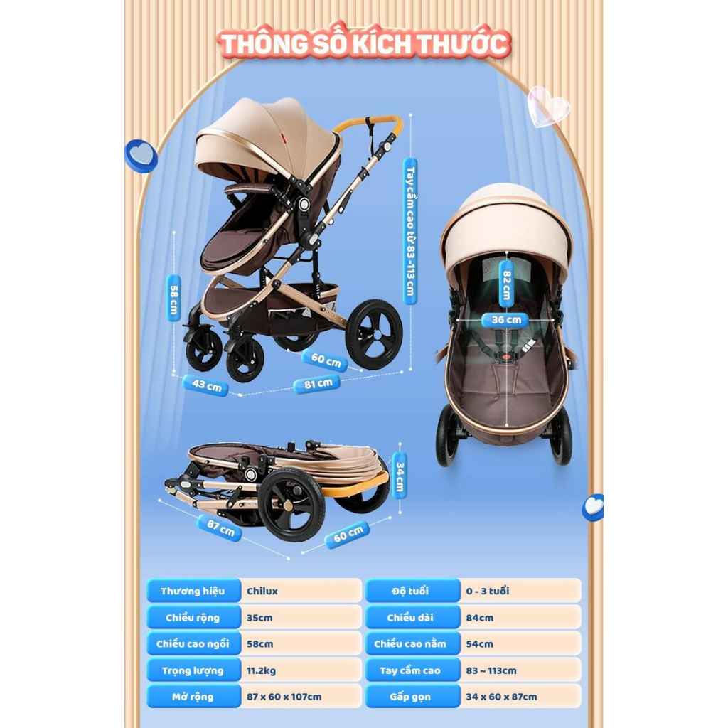 Xe đẩy cho bé Chilux V1.6- 9 tính năng tiện dụng cho mẹ và bé - có thể gấp gọn