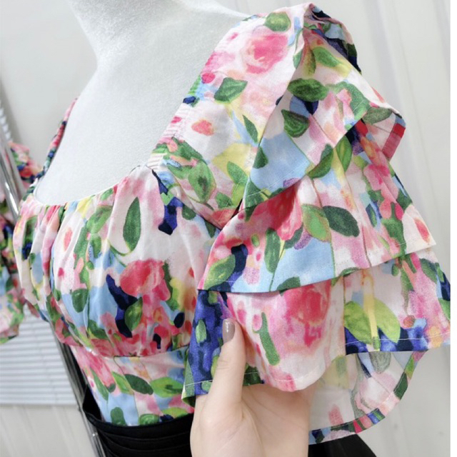 Áo Trễ Vai Hoa Tay Bồng Croptop Áo Bệt Vai Màu Sắc