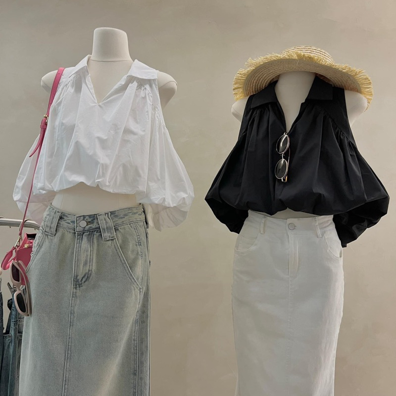 Áo sơ mi sát nách cổ V tơ xước 2 lớp dáng croptop rúm gấu vạt lệch