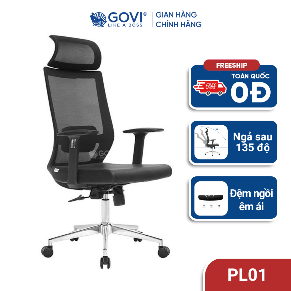 Ghế công thái học GOVI Ergonomic Plato PL01 Tựa đầu tựa tay cố định, Mâm ghế ngả lưng 90-135 độ, khóa cố định 3 vị trí