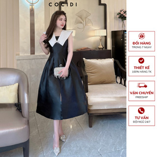 Đầm dự tiệc chất liệu Tafta màu ĐEN/TRẮNG/HỒNG, Váy thiết kế dáng xòe cổ lá xẻ tà tiểu thư sang trọng phù hợp đi tiệc