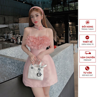 Đầm dự tiệc chất liệu Tafta màu TRẮNG/ĐEN/HỒNG, Váy thiết kế cúp ngực kèm chocker cổ đính kết hoa ngực tinh tế COCIDI