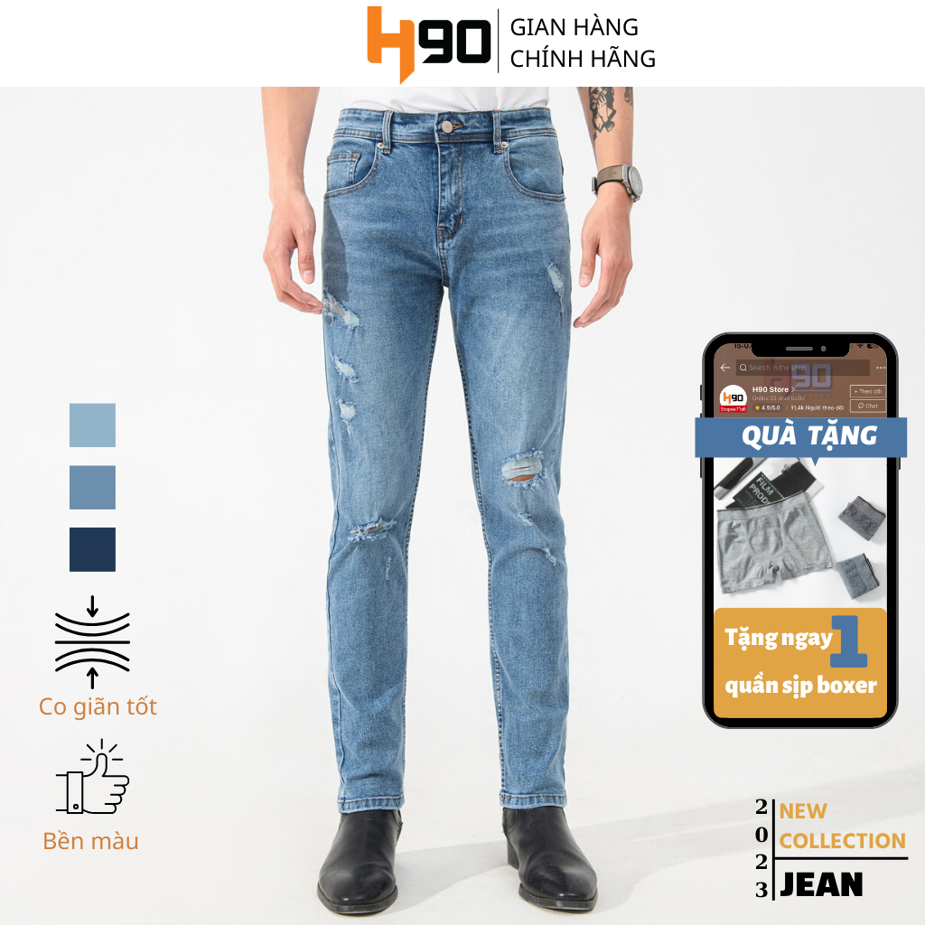 Quần Jean Nam Rách H90 Form Slimfit, Chất Bò Co Giãn Tốt Bền Màu Dáng Ống Côn Trẻ Trung Mài Rách Tự Nhiên MTRJ009