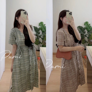 Đầm caro cổ tim cài nút tay ngắn dây cột bên eo 2 màu freesize Pumi 14485