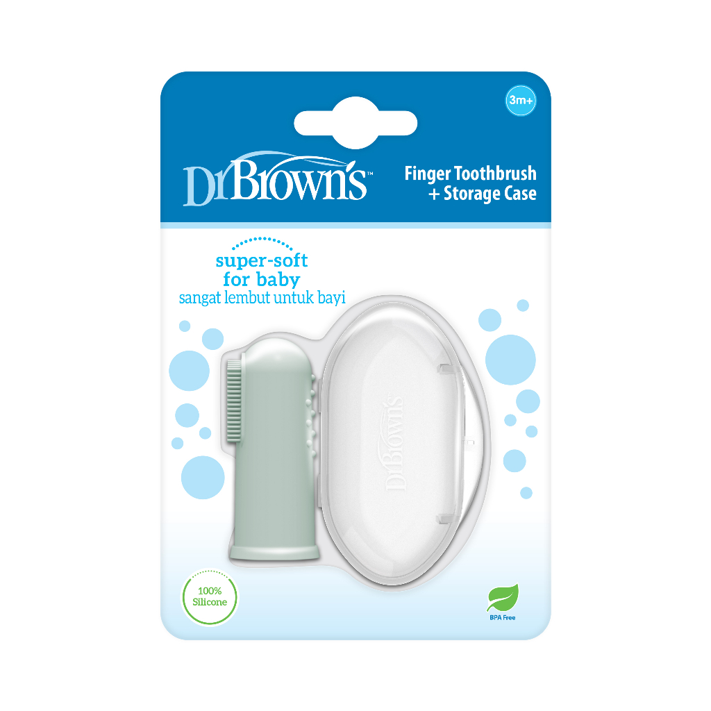 Bàn chải Dr Brown's hình ngón tay 100% silicone cho trẻ 3 tháng tuổi màu trong suốt có hộp đựng. Mã hàng HG01