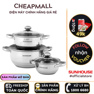 Bộ 3 nồi inox 3 lớp đáy từ Sunhouse SH334 chất liệu thép không gỉ kích thước 16-18-24cm - CheapMall