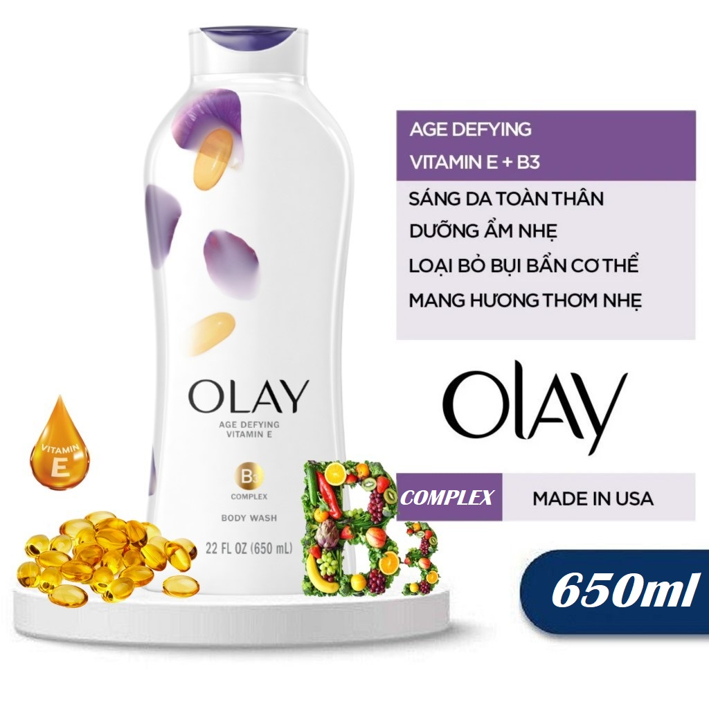 Sữa Tắm Olay Vitamin E 650ml Ngăn Ngừa Lão Hoá Từ Sữa Ong Chúa & Vitamin E Olay Anti-Aging Age Defying Body Wash 650ml