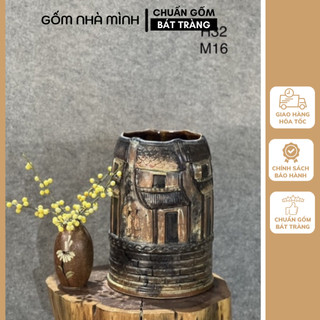 Bình hoa lọ hoa khắc nổi phố cổ gốm sứ bát tràng - bình hoa, lọ hoa gốm bát tràng